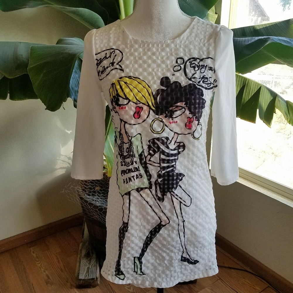 Womans Small Dress White Cartoon Mini Dear Friends